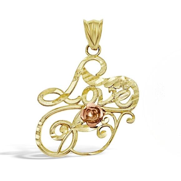 10k Yellow Gold Love Pendant with Rose Flower Design Script Letter Fine Jewelry - Picture 1 of 4